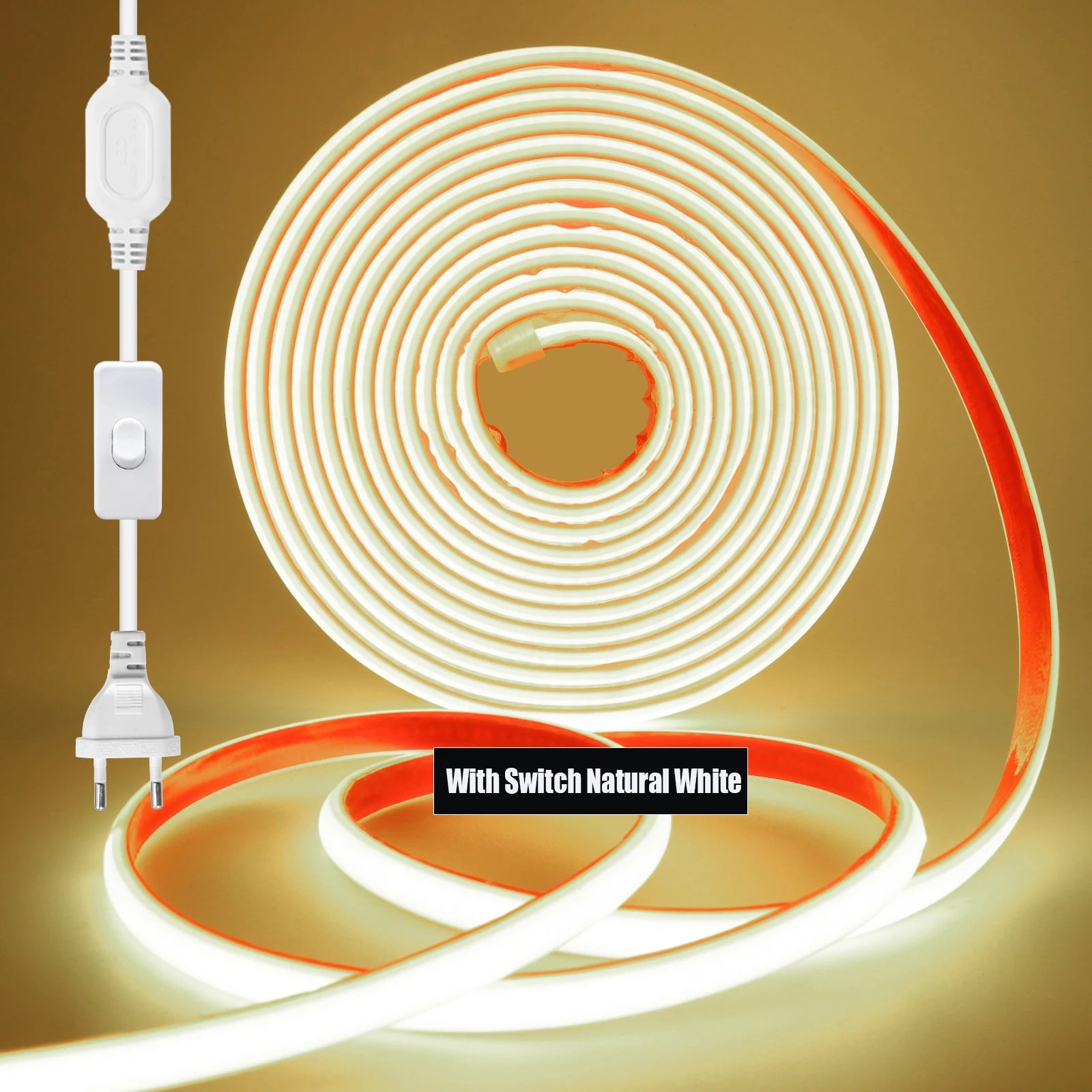 220V COB LED Strip Light 288 LEDs/m IP67 Dimmable with EU Plug & Switch - Flexible Adhesive Tape