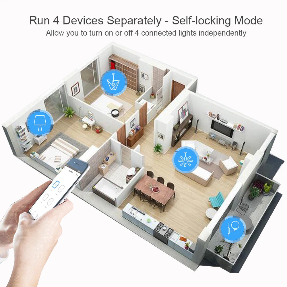 4-Channel WiFi Smart Relay Switch RF433 — AC/DC 7-32V & AC 85-250V Garage Door & Motor Controller