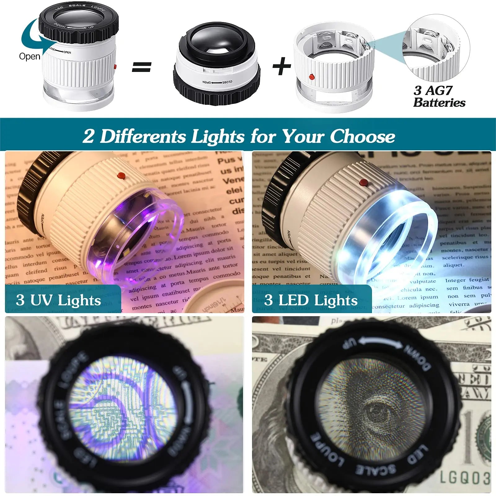 30X Pocket Handheld Magnifier with 3 LED & UV Lights - 30mm Lens Adjustable Focus Loupe for Jewelry, Reading & Collectibles