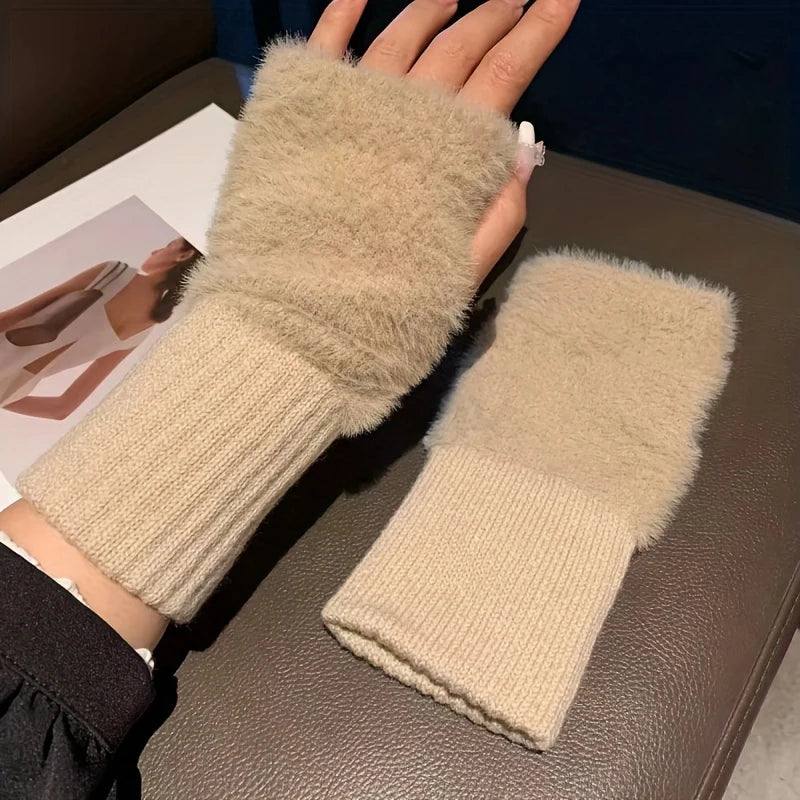 Faux Mink Fleece Fingerless Gloves for Women - Plush Knitted Half-Finger Wrist Mittens for Driving & Writing (One Size 16 x 9 cm / 6.3 x 3.5 in)