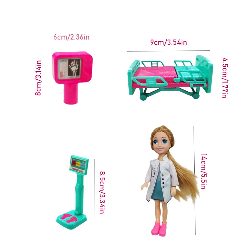 5.5in (14 cm) Doll Playset - Medical & School Role-Play Kit with Accessories, Gift Box for Kids