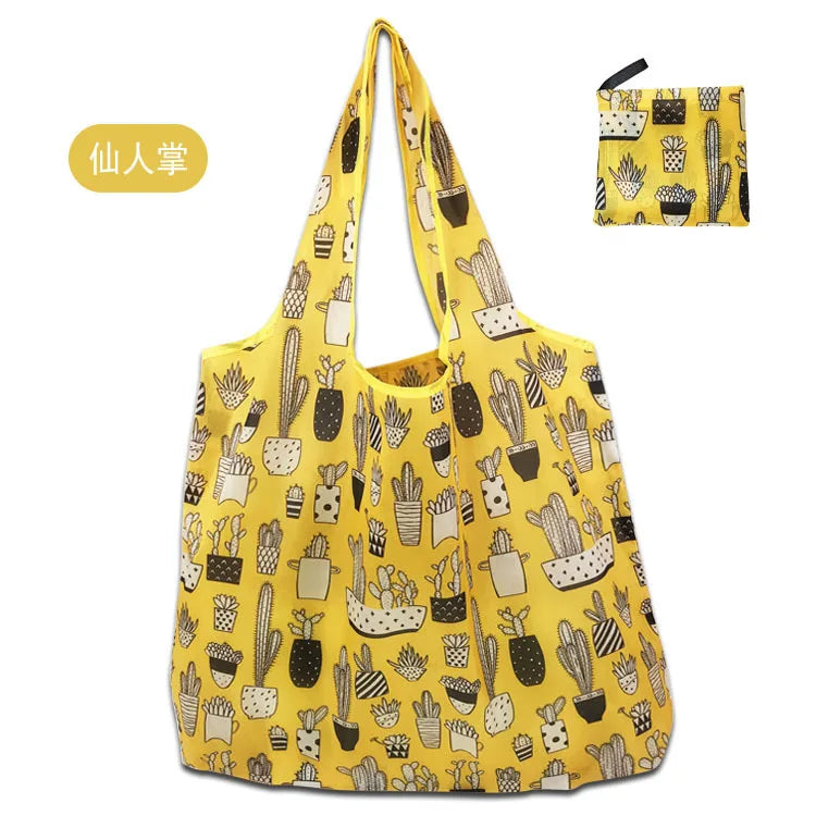Foldable Reusable Grocery Tote Bag, Lemon Print Eco-Friendly Travel & Beach Pouch
