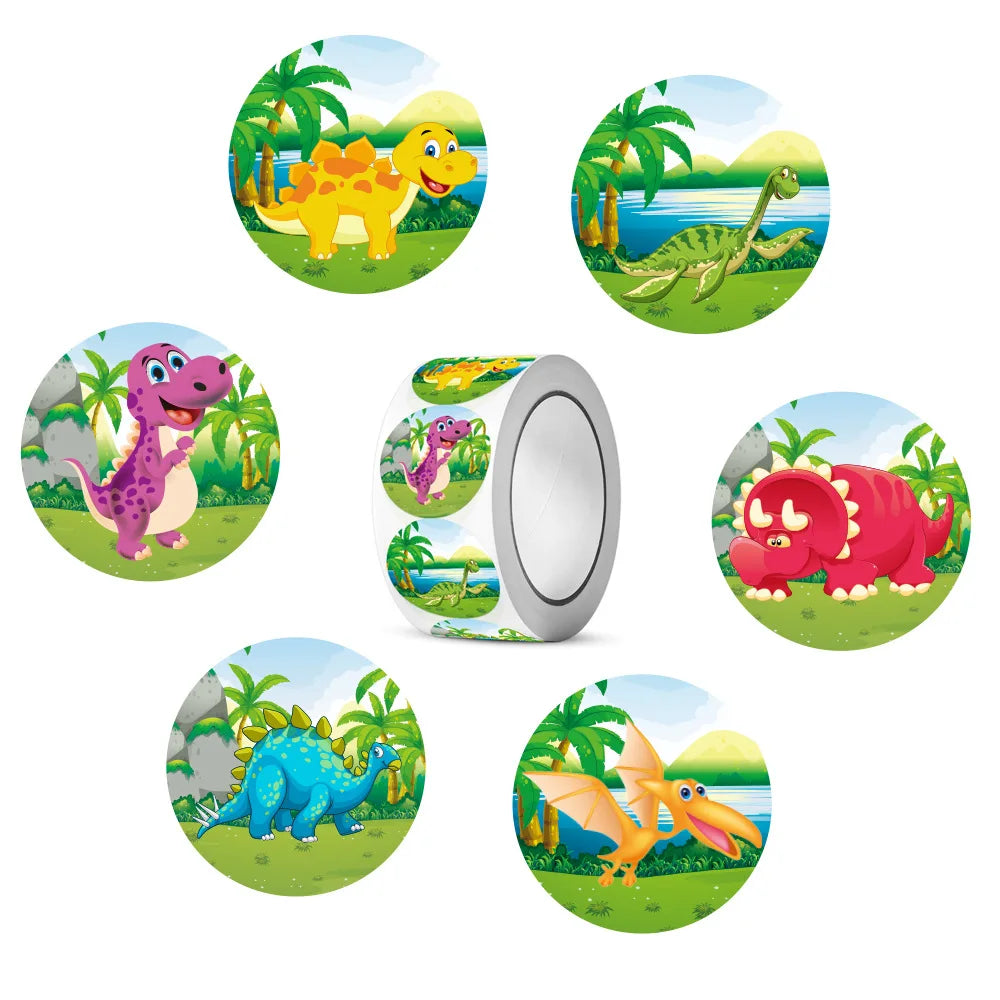 Dinosaur Cartoon Reward Stickers for Kids — 100 / 300 / 500-Pack Round 25mm (1 in) Classroom & Teacher Stickers