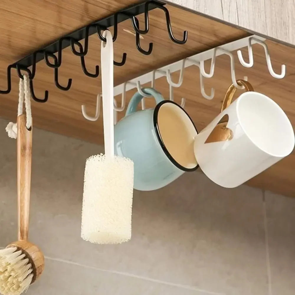 12-Hook Iron Under-Cabinet Mug Rack - Punch-Free Double-Row Cup & Mug Holder, Traceless Storage (Black / White)
