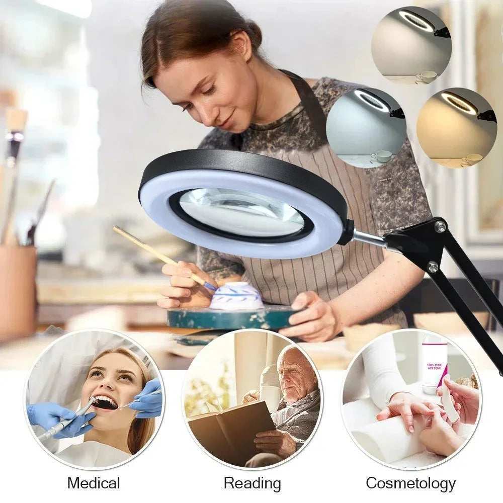 72-LED 8X/10X USB Illuminated Magnifying Glass Lamp - 4.2 in (106 mm) Lens, 3-Color Dimmable LED, Adjustable Arm & Clamp for Soldering, Crafts, Skincare