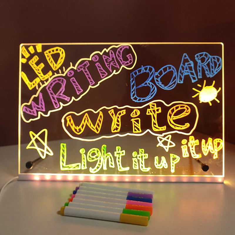 LED Acrylic Message Board Night Light with 7 Color Pens - Erasable DIY Neon Note and Drawing Board for Kids