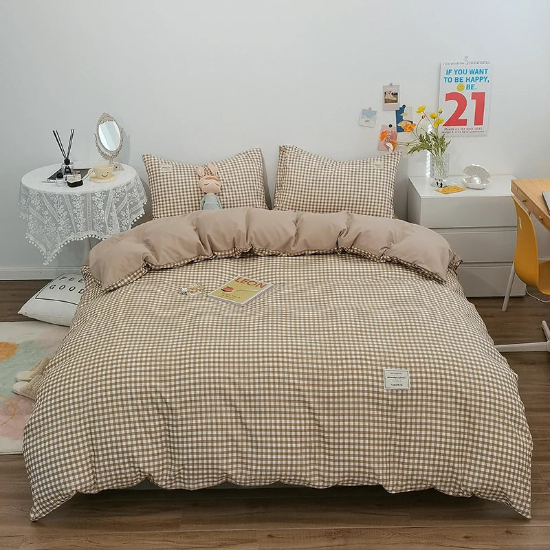 100% Cotton Plaid Stripe Duvet Cover Set - 3-Piece Breathable Washed Twill Bedding (1 Duvet Cover + 2 Pillowcases)