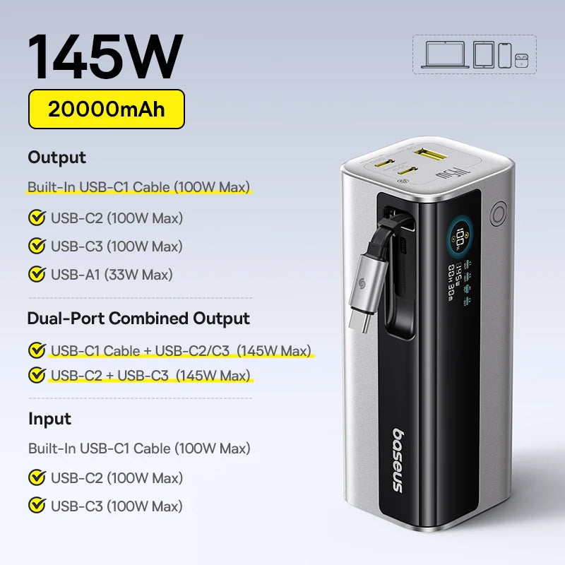 145W 20800mAh Power Bank – 100W USB-C PD Portable Charger, Dual USB-A/USB-C, Digital Display for Laptop, Phone & Gaming Handhelds