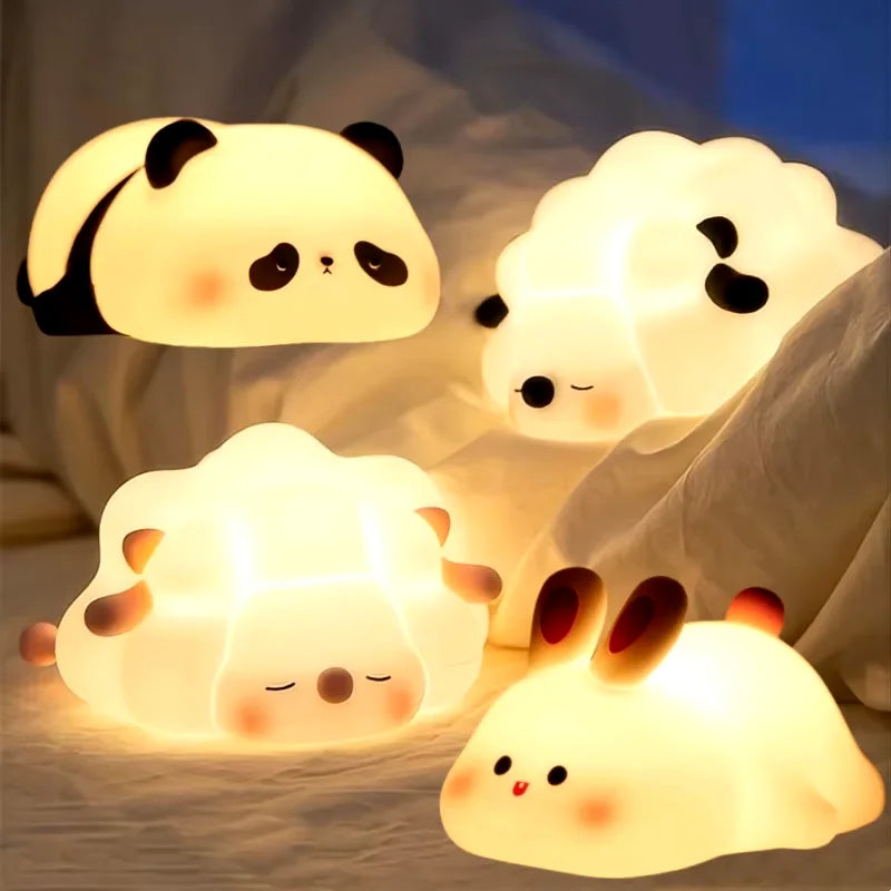 Cute Silicone LED Night Light - Panda Sheep Rabbit USB Rechargeable Kids Bedroom Lamp Gift