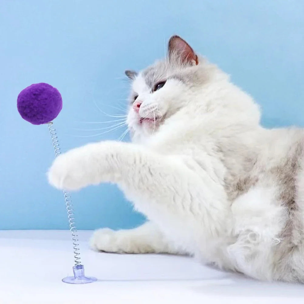 Interactive Cat Teaser Toy with Suction Cup — Fur Ball Spring Wand, Hands-Free Cat Toy (Random Color)