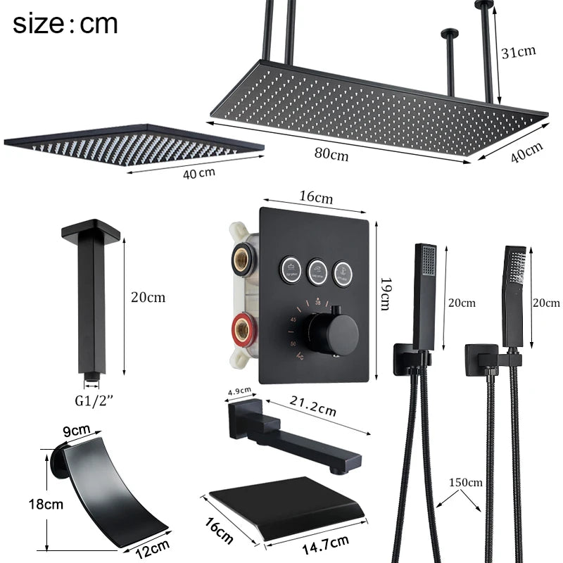 Big Black Thermostatic Ceiling-Mounted Rainfall Shower System with Hand Shower – Thermostatic Mixer Tap, 150 cm (59 in) Hose, 400+ mm (15.7+ in) Rain Head