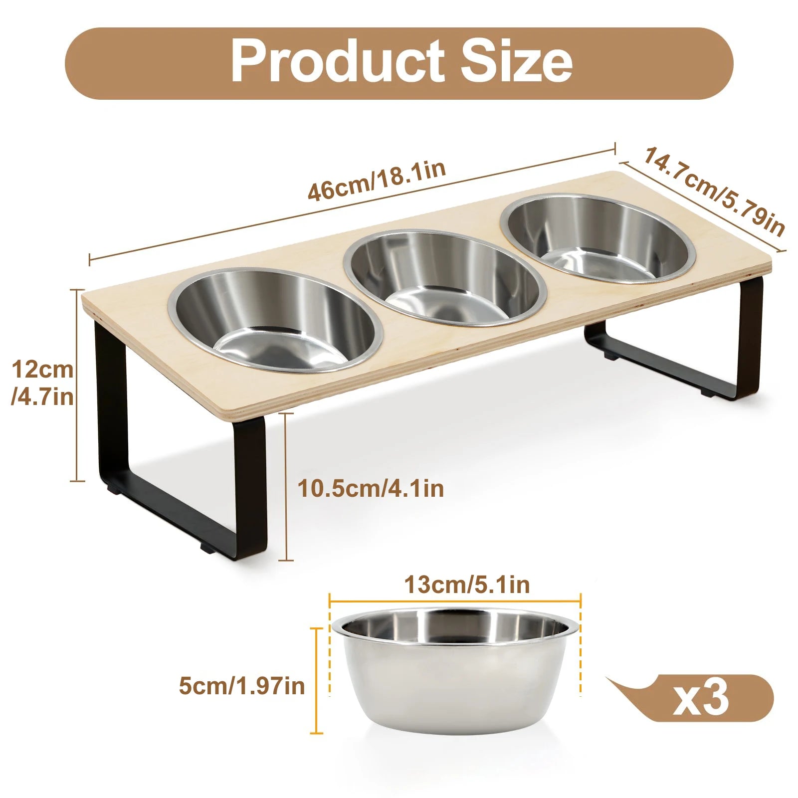 15° Tilt Elevated Cat Feeder - 3 Stainless Steel 18 oz (532 ml) Bowls with Wooden Stand for Cats & Puppies