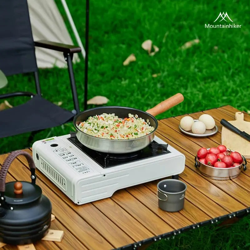 15-Inch (38 cm) Portable Non-Stick Camping Frying Pan with Detachable Wooden Handle Stainless Steel Travel Skillet for Camping & Backpacking