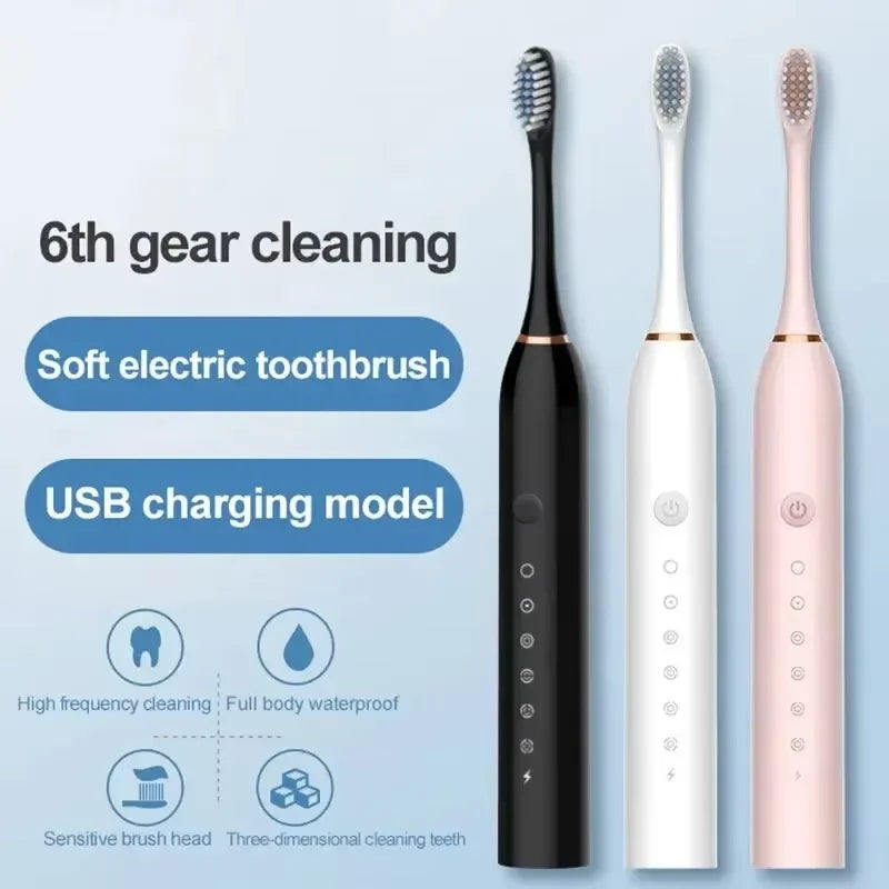 Ultrasonic Electric Toothbrush, 6-Speed USB Rechargeable, Waterproof with Soft Bristles for Adults