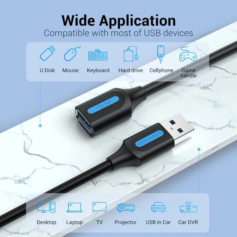 USB 3.0 Extension Cable (Male to Female) – 5Gbps High-Speed USB-A Data & Charging Cord for Smart TV, PS4, Xbox One, PC, Printers