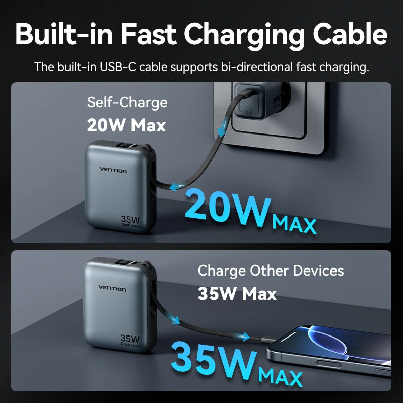 10000mAh 35W PD Fast Charging Power Bank with Built-in USB-C & Lightning Cables Compact Portable Charger for iPhone and Android