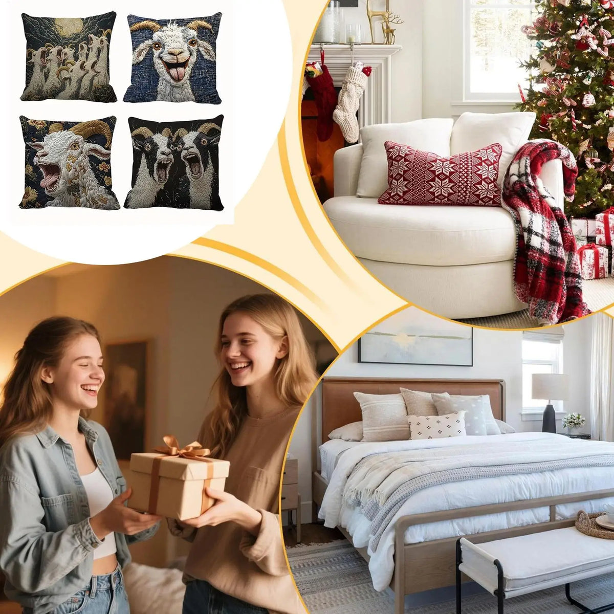 Goat Pattern 3D Embossed Throw Pillow Covers - 4-Pack 17.7 x 17.7 in (45 x 45 cm) Short Plush Decorative Cushion Covers for Sofa & Bedroom