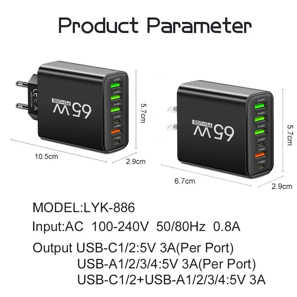 65W 6-Port USB Charger (2x USB-C + 4x USB-A) QC3.0 Fast Charge Travel Wall Adapter for Smartphones