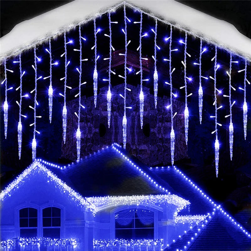 LED Christmas Icicle Curtain Lights – Waterproof Outdoor Festoon, 3.5–5m (11.5–16.4 ft), White/Blue/Multi/Warm White, Steady or 8-Mode Controller