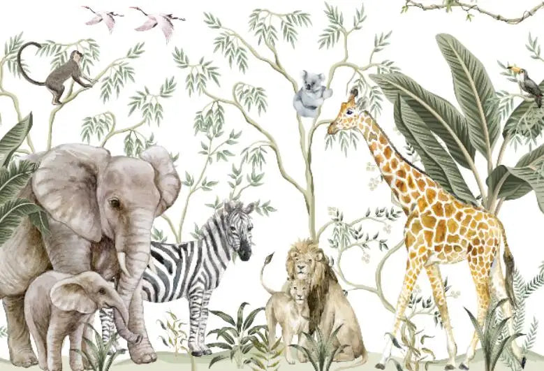 Custom Watercolor Jungle Animal Peel-and-Stick Wall Mural - Giraffe Elephant Zebra Nursery & Kids Wallpaper