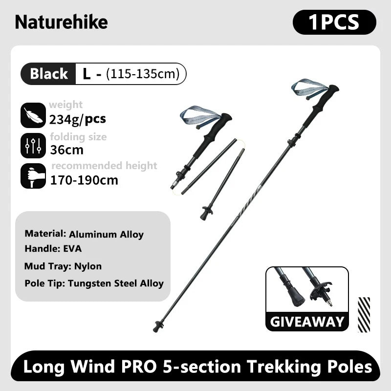 Ultralight Carbon Fiber 5-Section Folding Trekking Poles, Collapsible Quick-Lock Hiking Poles Adjustable 103–120 cm (40.6–47.2 in) or 115–135 cm (45.3–53.2 in)
