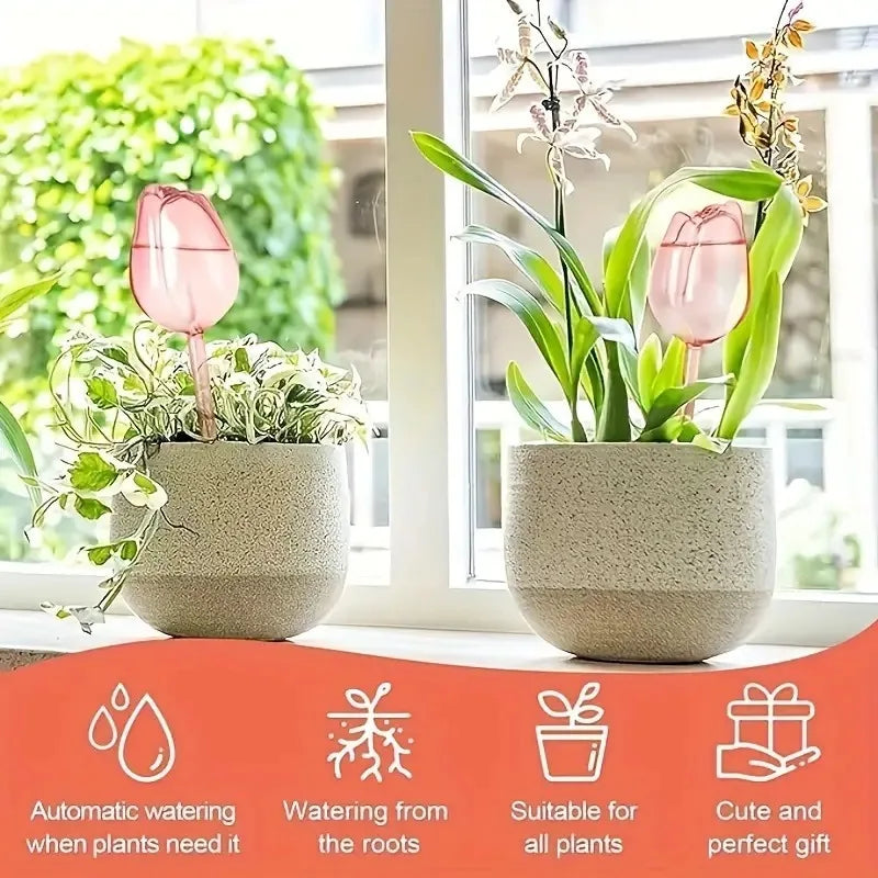 Pink Tulip Self-Watering Plant Globes — Automatic Indoor & Outdoor Drippers 9.4in x 2.6in (24cm x 6.5cm)