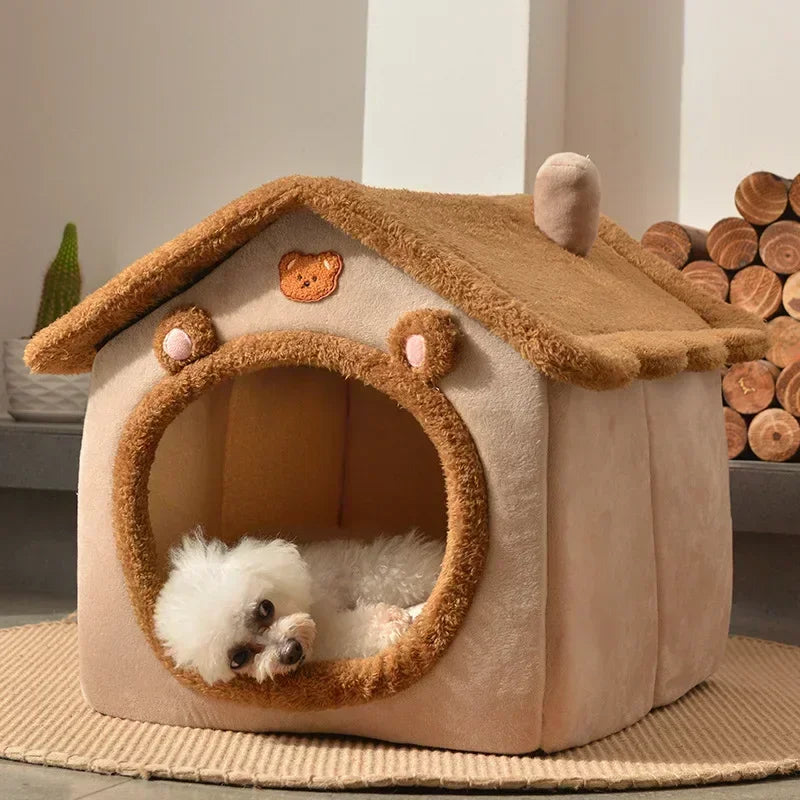 Foldable Plush Pet House Bed — Cozy Winter Dog & Cat Nest, Puppy Cave Sofa for Small & Medium Pets (S/M/L, Removable Cover)
