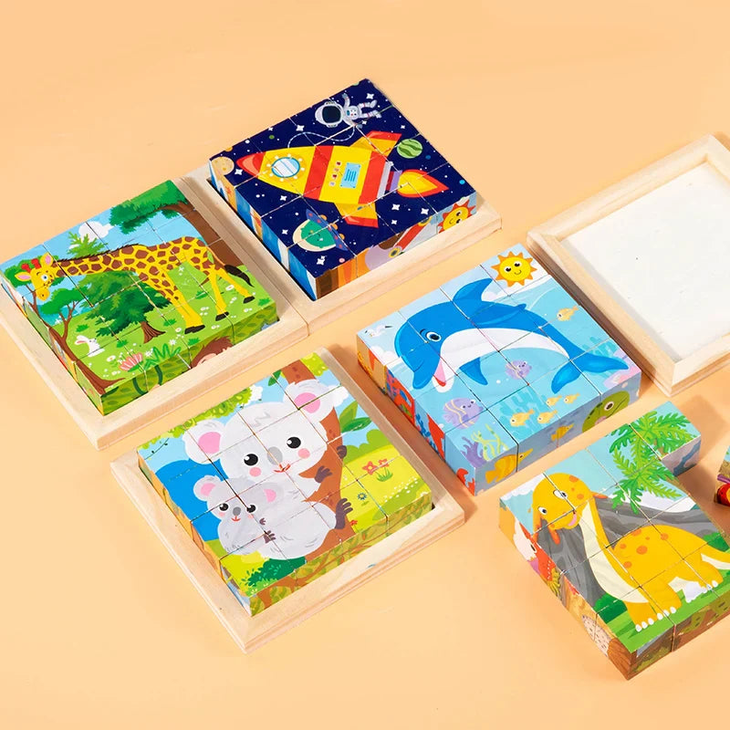 Wooden Six-Sided Animal Matching Puzzle Blocks Set – Montessori Early Learning Toy (Ages 3+)