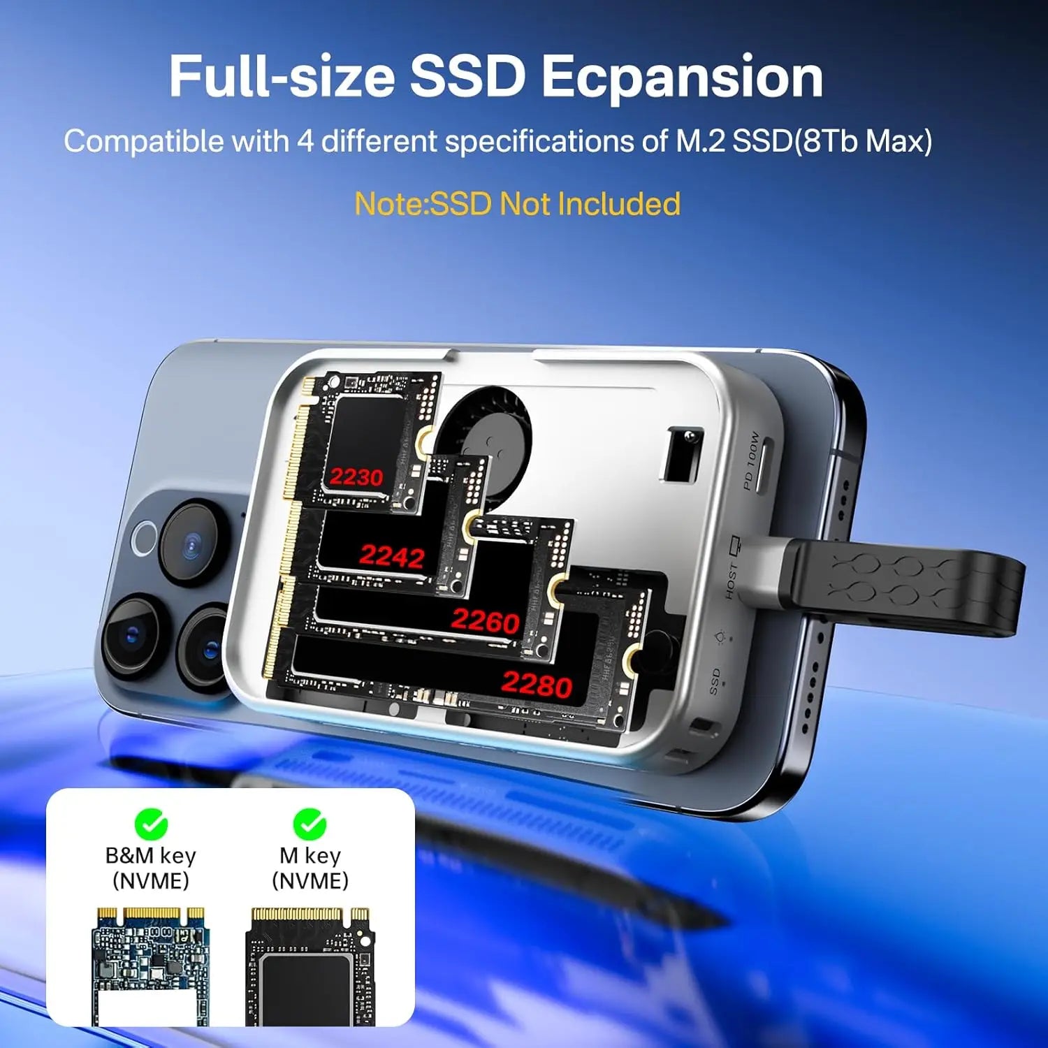 MagSafe Magnetic M.2 NVMe SSD Enclosure & 6-in-1 USB-C Docking Station — 10Gbps, HDMI 4K@60Hz, SD/TF, PD 100W, Cooling Fan, Supports 2230/2242/2260/2280 up to 8TB