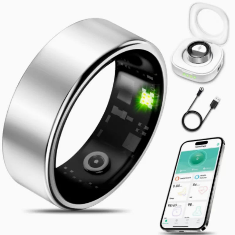 Unisex Smart Ring Health Tracker with Charging Case – Heart Rate & SpO2, Skin Temperature, Bluetooth Call, 5ATM Waterproof for Android & iOS