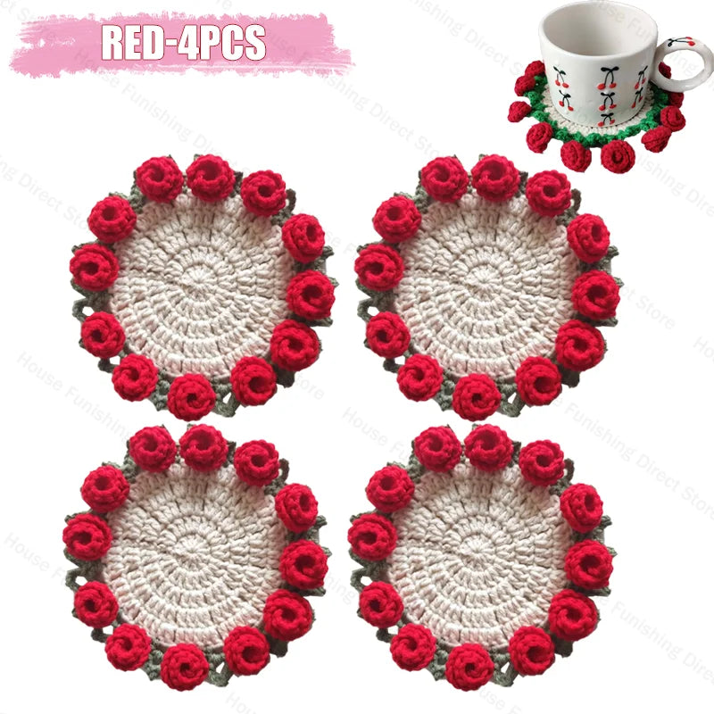 Handmade Crochet Rose Coaster, Heat-Resistant Table Mat for Valentine's Day, Romantic Wedding Gift
