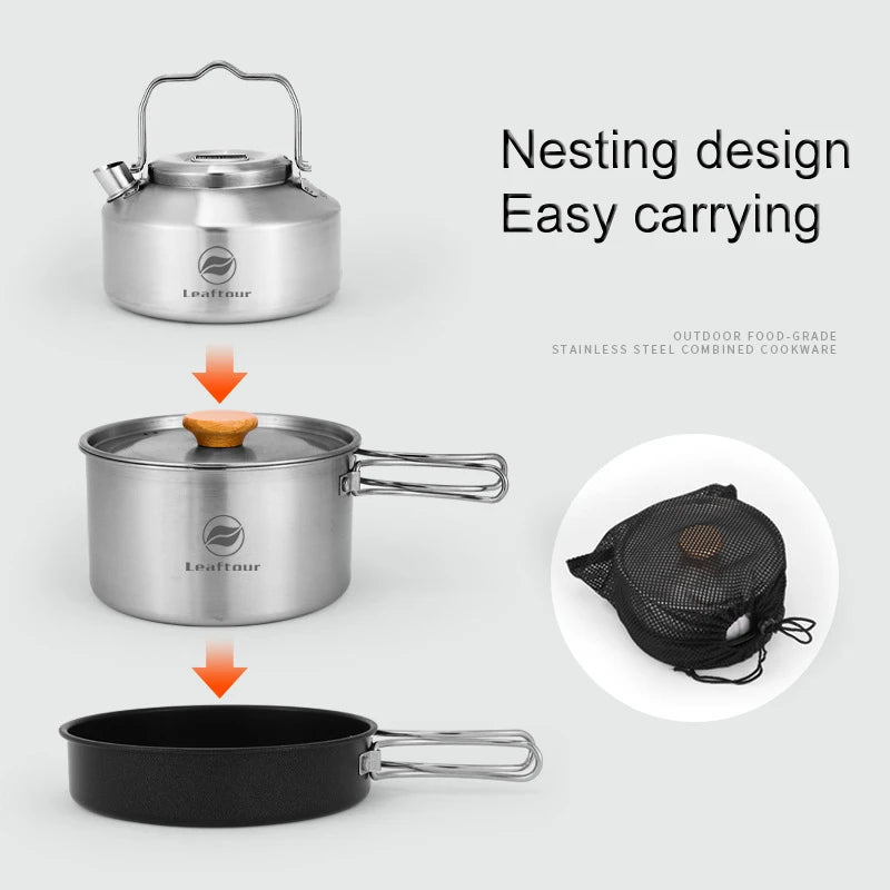 Stainless Steel Camping Cookware Set – Kettle, Pot & Pan for 2–3 People, Portable Outdoor Cooking