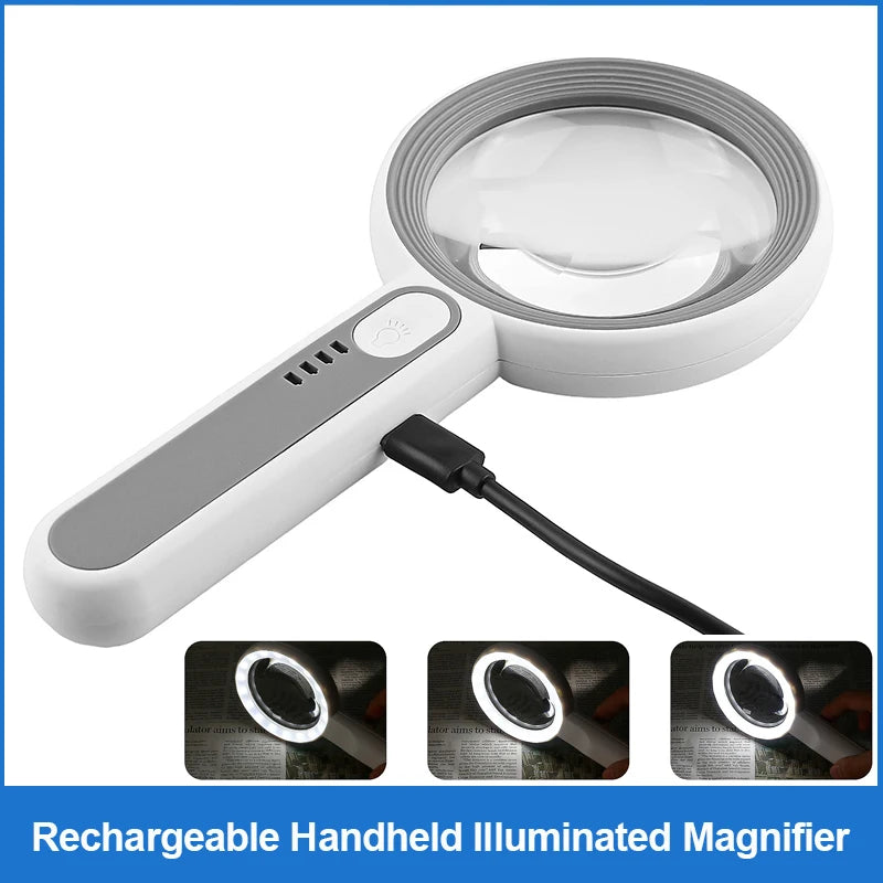 Rechargeable LED Handheld Magnifier 3 Lighting Modes Illuminated Magnifying Glass for Seniors Reading and Repair