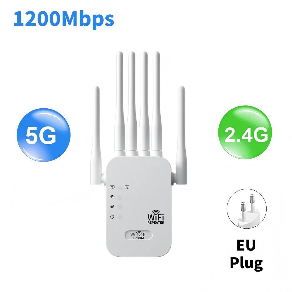 1200Mbps Dual-Band WiFi Range Extender 2.4/5GHz Signal Booster with 4 Antennas & 2 RJ45 Ports for Home Network