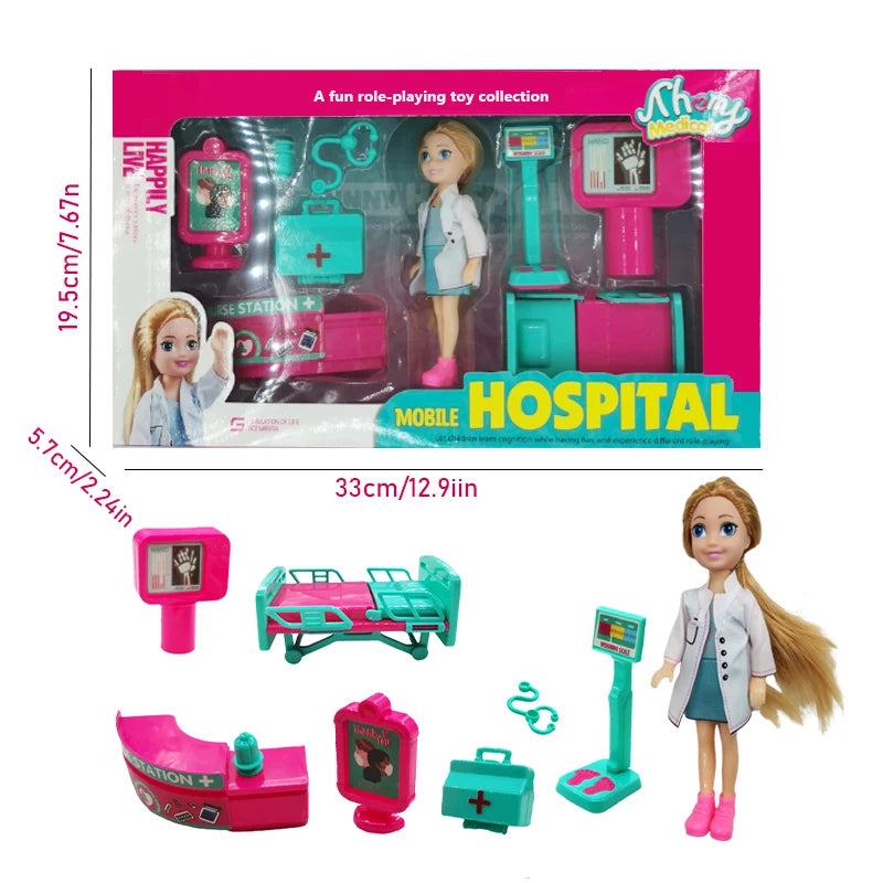 5.5in (14 cm) Doll Playset - Medical & School Role-Play Kit with Accessories, Gift Box for Kids