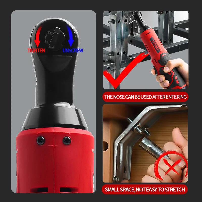 12V Cordless Right Angle Electric Wrench 45 Nm 3/8 in (9.5 mm) Ratchet Car Maintenance Tool with 4 Sockets