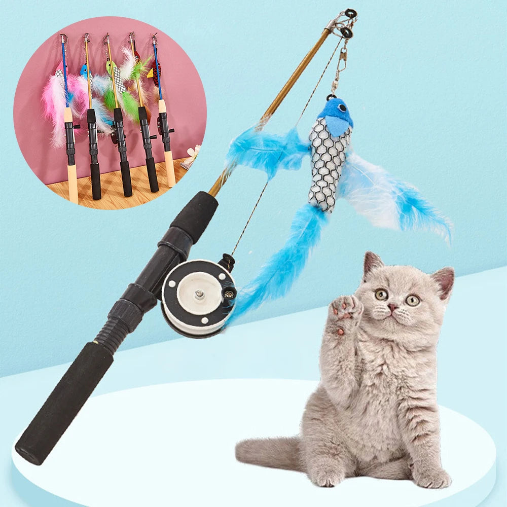 Retractable Telescopic Cat Wand Toy - Feather Fish Teaser for Interactive Play (Cats & Kittens)