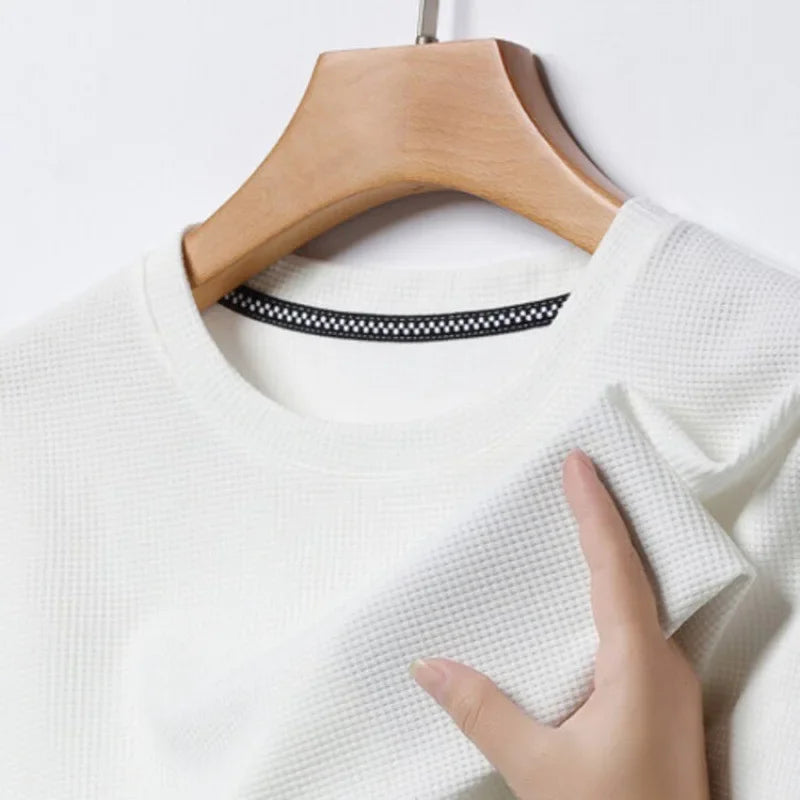 Men's Summer Waffle Knit Short Sleeve T-Shirt Round Neck Casual Breathable Tee