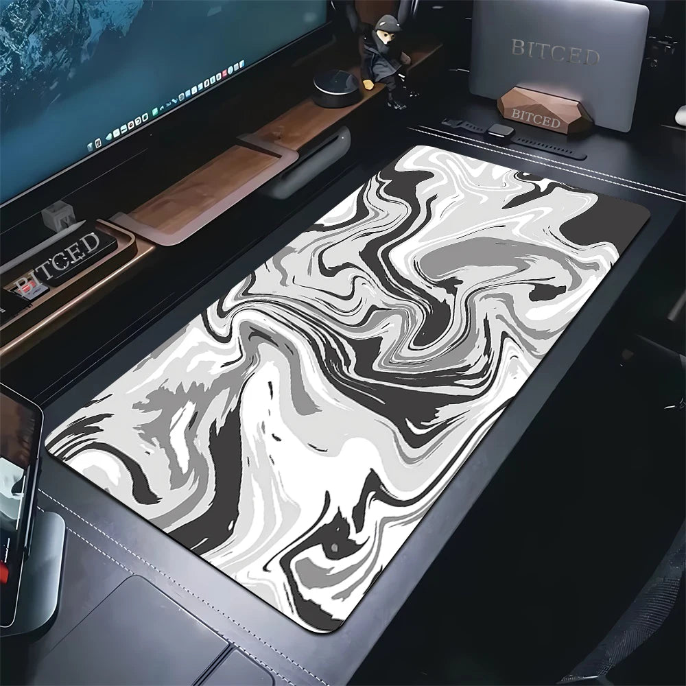 XXL Extended Mouse Pad 35.4 x 15.7 in (900 x 400 mm) Black & White Strata Liquid Anime Keyboard Desk Mat Anti-Slip Rubber