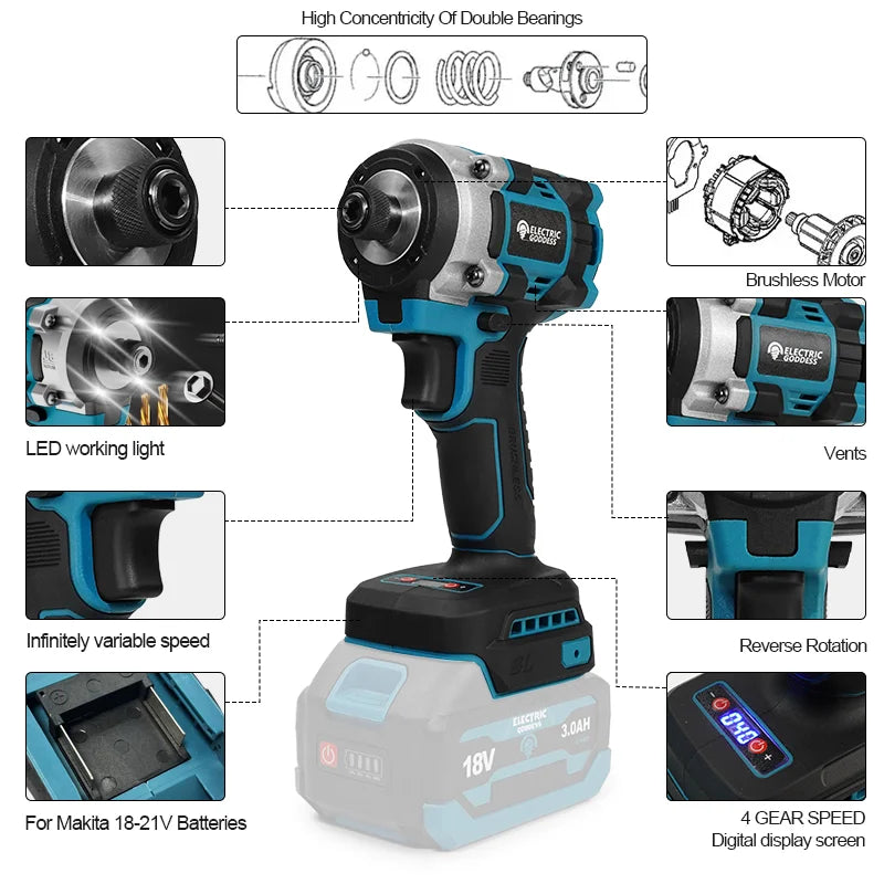 Brushless Cordless Impact Screwdriver, Rechargeable Multifunctional 18V Battery Compatible Power Tool