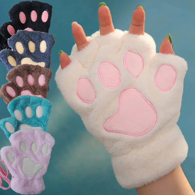 Cute Cat Paw Fingerless Mittens Plush Half-Finger Warm Fluffy Gloves for Women & Unisex