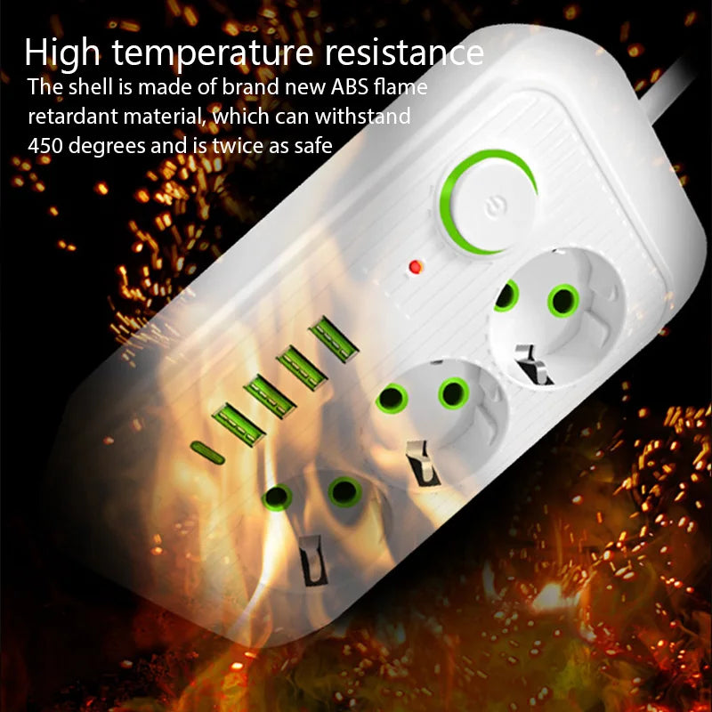 EU Power Strip 8 Outlets, 4 USB Fast Charging Ports, Overload Protection Extension Cord — 2m / 5m