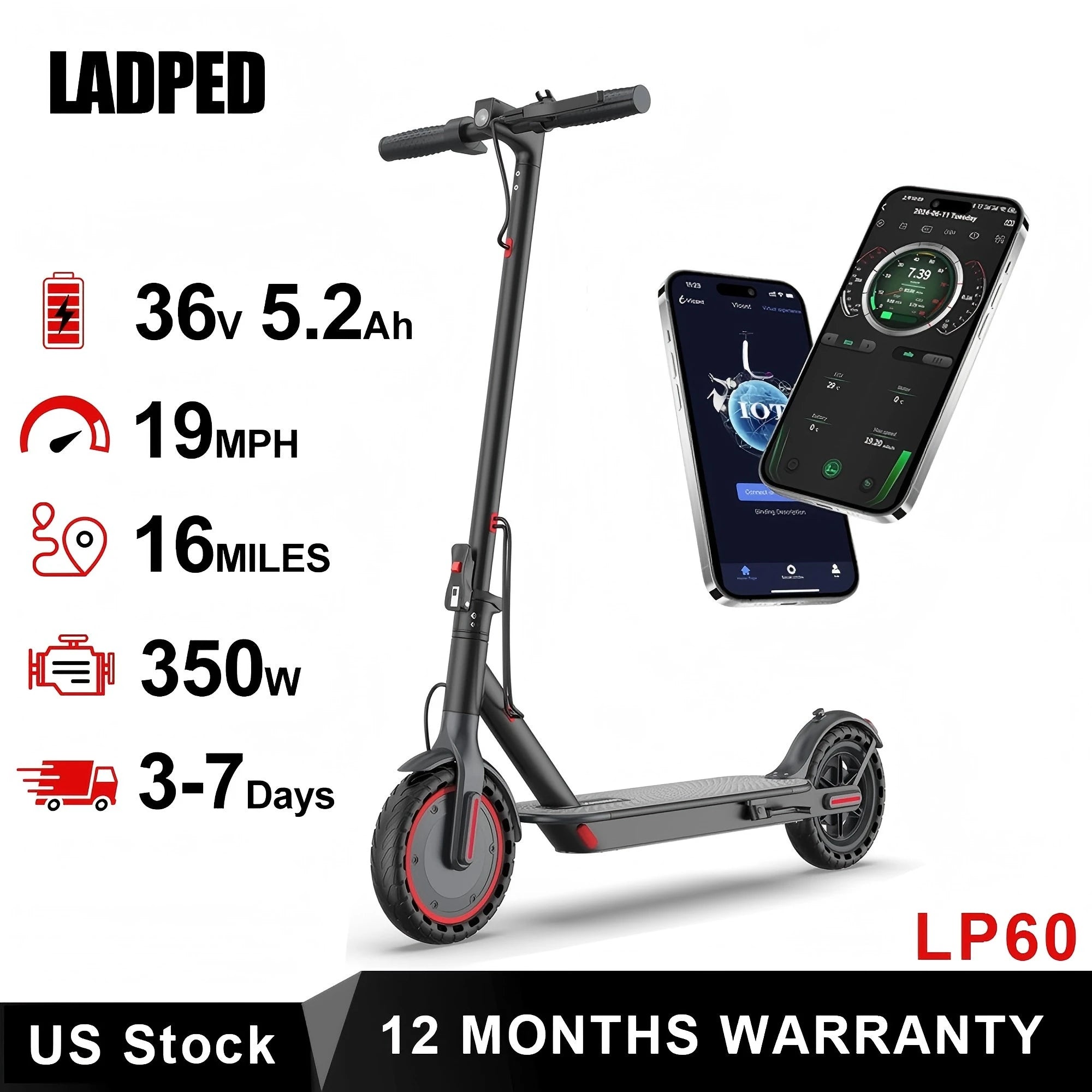 Folding Electric Scooter 350W Brushless Motor — 19 MPH (30 km/h) Smart APP Control, 8.5-inch Honeycomb Tires, 25–37 mi (40–60 km) Range for Adults