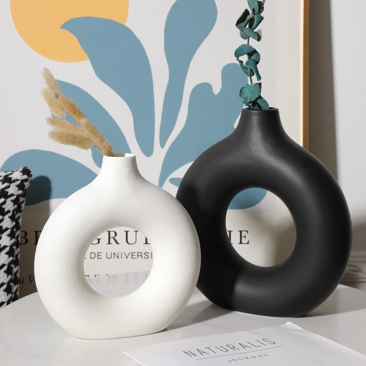 Nordic Ceramic Hollow Donut Vase - Modern Round Flower Pot for Home, Living Room & Office Decor