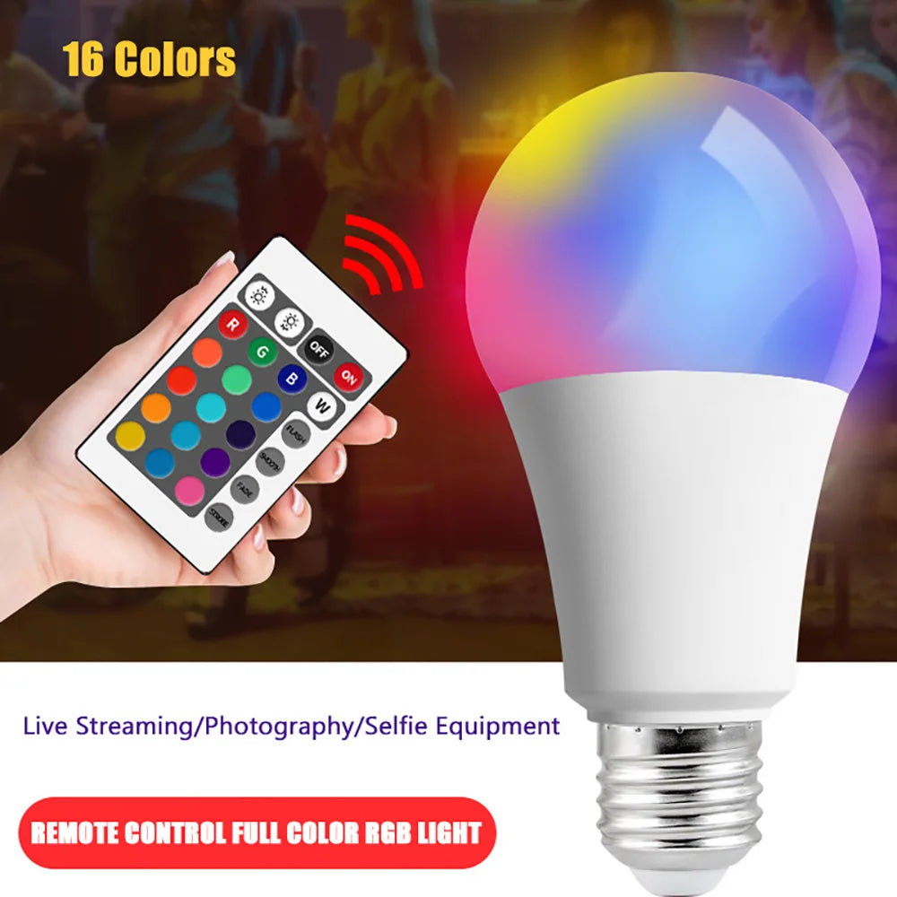 E27 RGBW LED bulb with remote control showcasing 16 colors