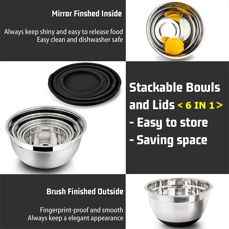 6-Piece Stainless Steel Mixing Bowls with Lids & Silicone Non-Slip Bases — Thickened Baking and Salad Bowls