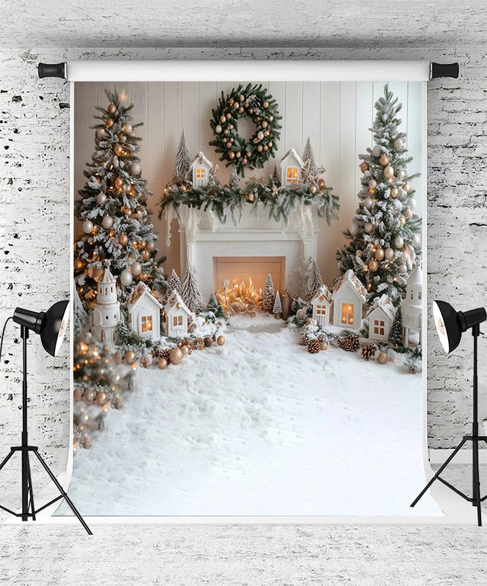 Christmas Photography Backdrop - Santa, Tree & Fireplace Winter Snow Wood Floor Portrait Background