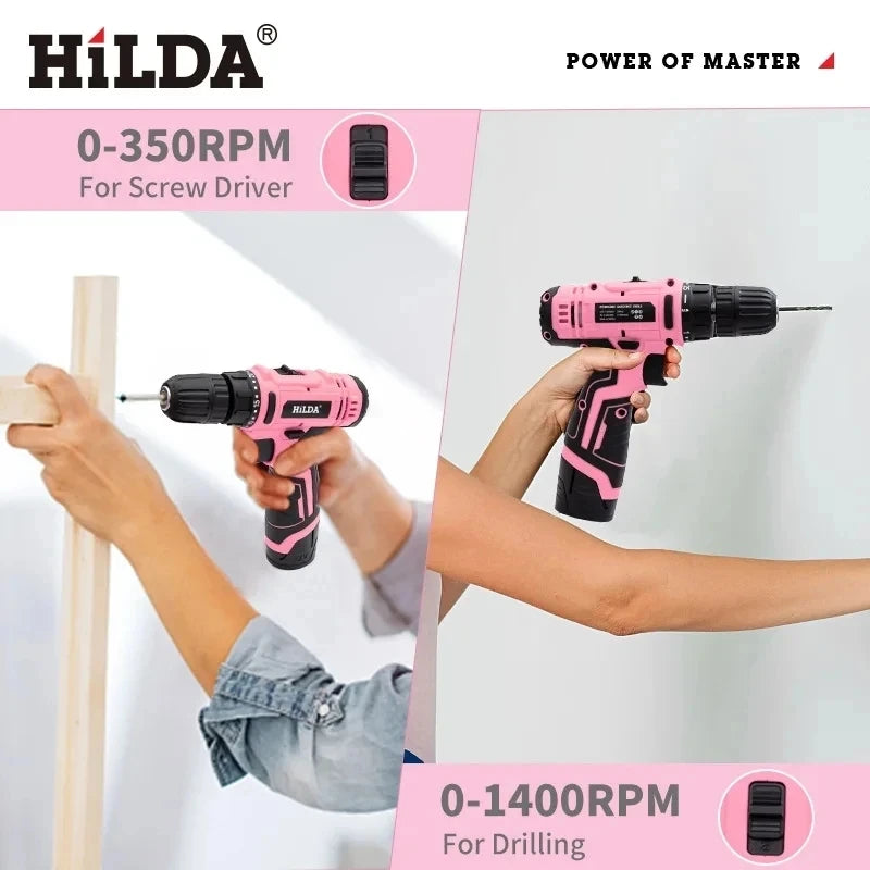 12V Mini Cordless Brushless Drill - 25+1 Torque Portable Electric Screwdriver Kit (Pink)