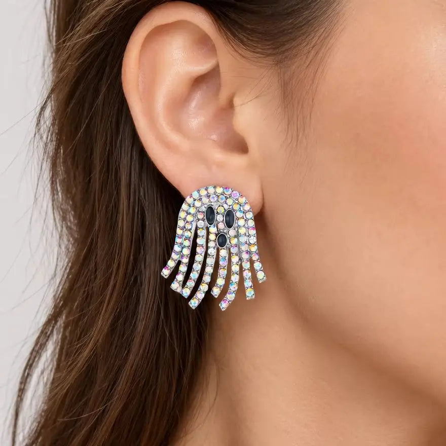 Sparkling Rhinestone Ghost Earrings for Women — Pavé Studs & Crystal Tassel Dangles (0.8–1.1 in / 2–2.8 cm) Halloween Costume Party Jewelry Gift