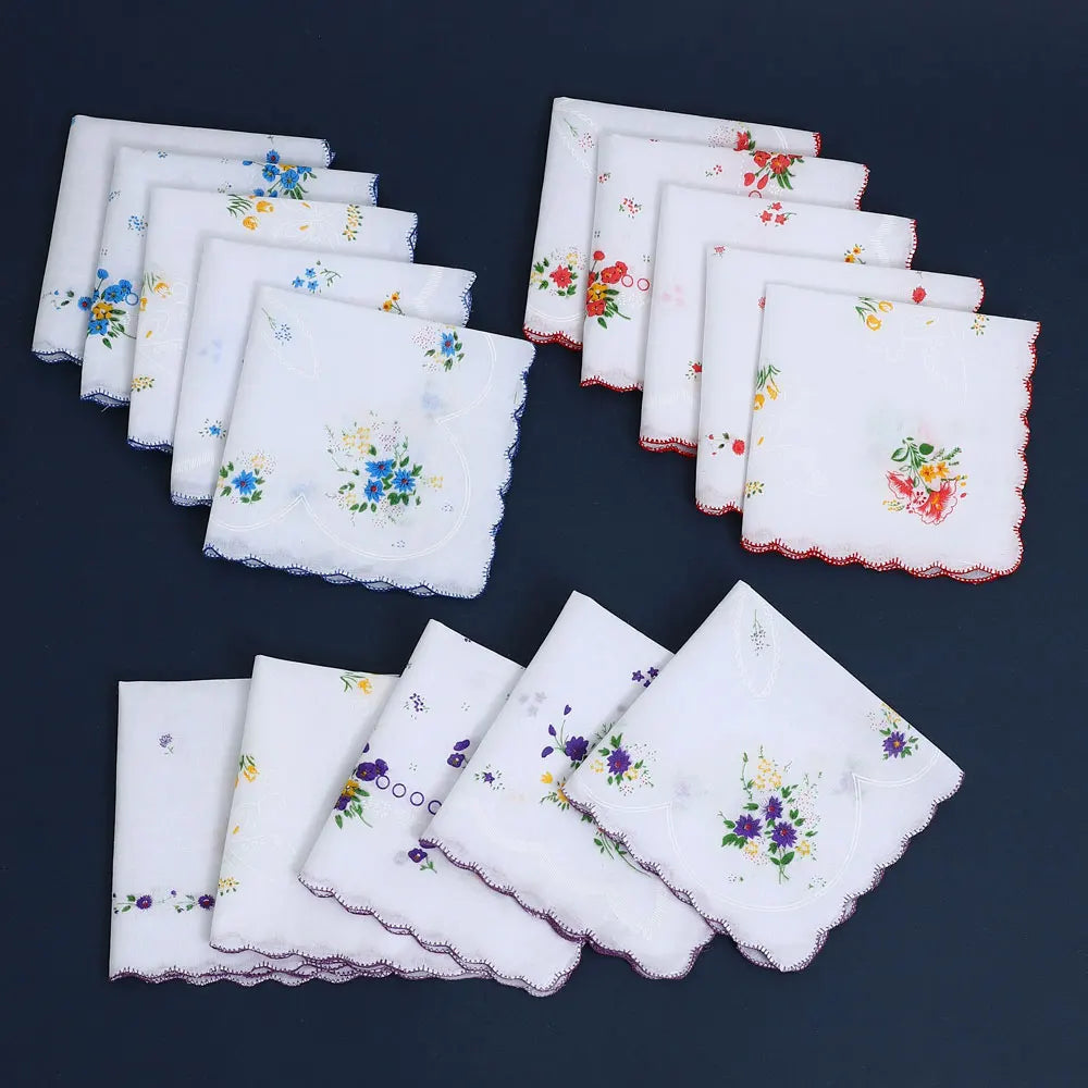 6-Pack Cotton Floral Handkerchiefs for Women, 28 cm (11 in) Scalloped Edge Pocket Towels & Wedding Napkins